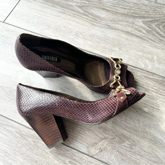 Santa Lolla Wine Snakeskin Embossed Leather Open Toe Pumps - Picture 2 of 12